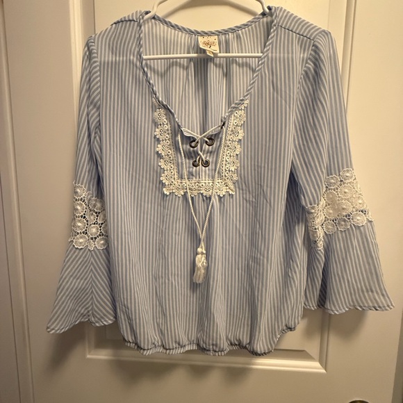 Self Esteem Blue and White Bell Sleeve Blouse with Tie Front - Picture 1 of 4